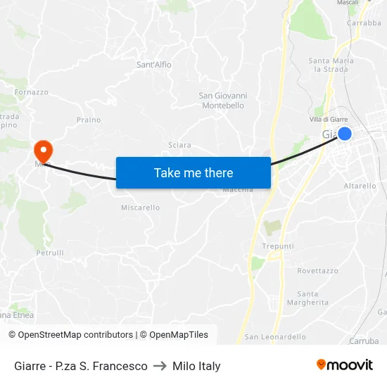 Giarre - St. Francis Square to Milo Italy map