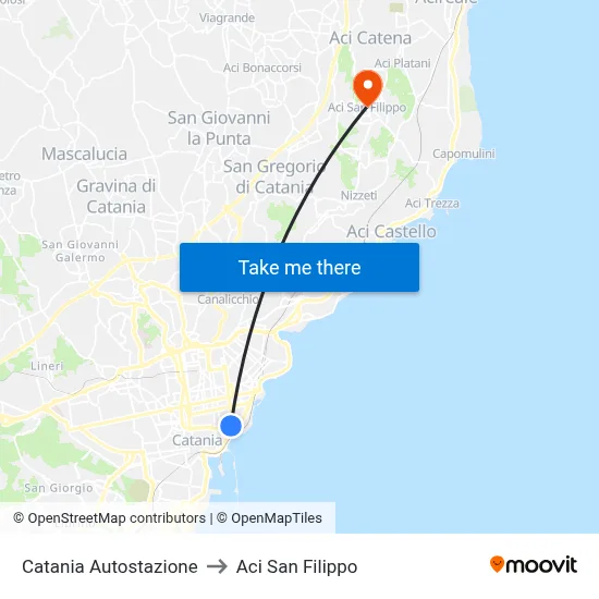 Catania Bus Station to Aci San Filippo map