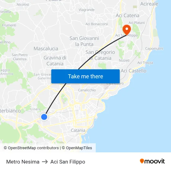 Metro Nesima to Aci San Filippo map