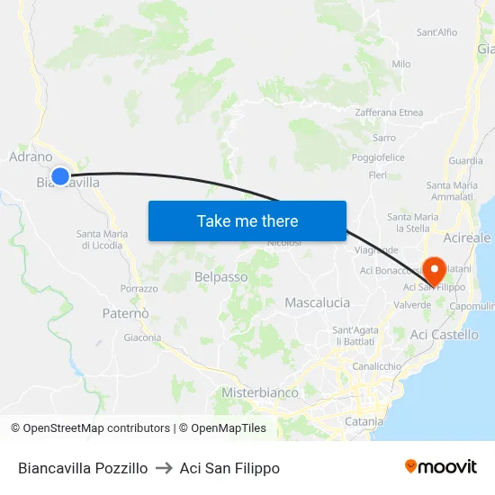 Biancavilla Pozzillo to Aci San Filippo map