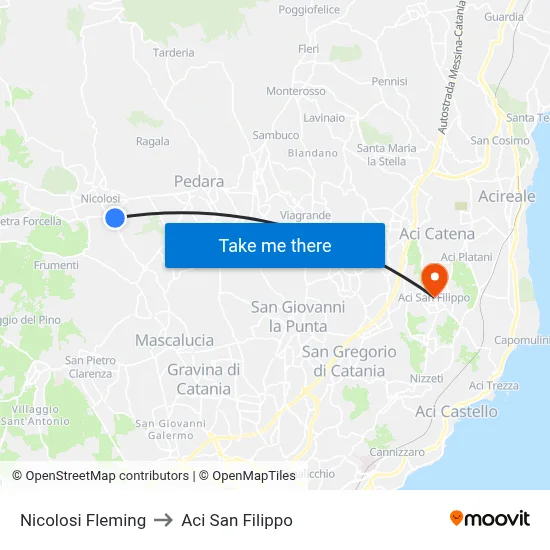 Nicolosi Fleming to Aci San Filippo map