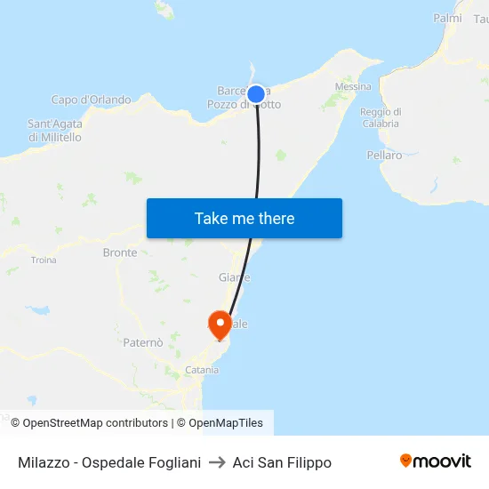 Milazzo - Fogliani Hospital to Aci San Filippo map
