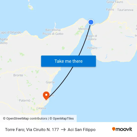 Torre Faro; Via Ciruito N. 177 to Aci San Filippo map