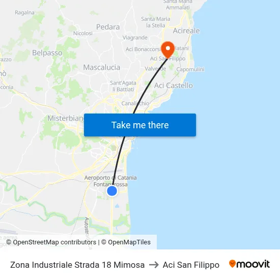 Zona Industriale Strada 18 Mimosa to Aci San Filippo map