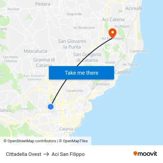Cittadella West to Aci San Filippo map