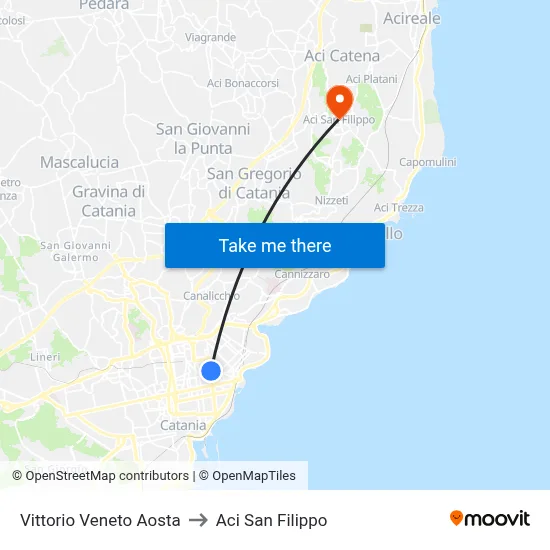 Vittorio Veneto Aosta to Aci San Filippo map