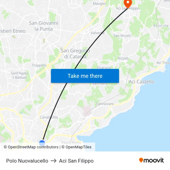 Nuovalucello Hub to Aci San Filippo map