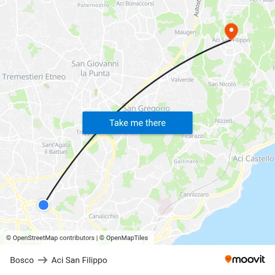 Bosco to Aci San Filippo map