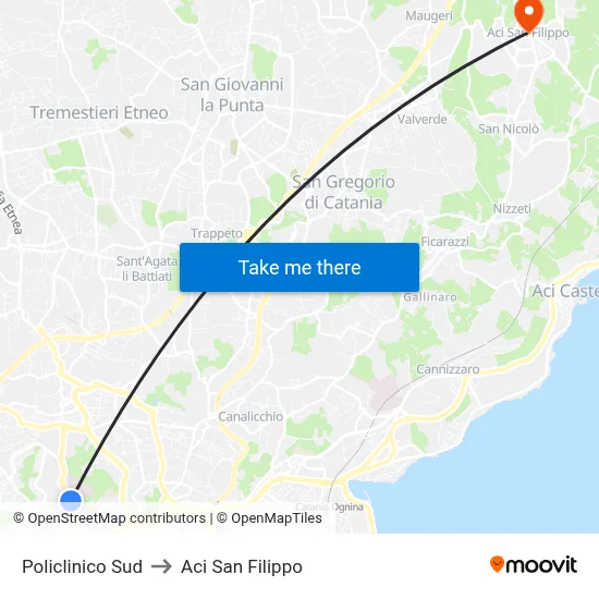 South Hospital to Aci San Filippo map