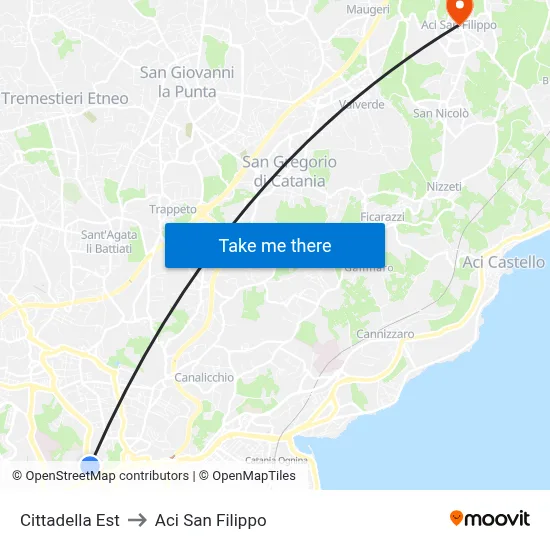 Cittadella East to Aci San Filippo map