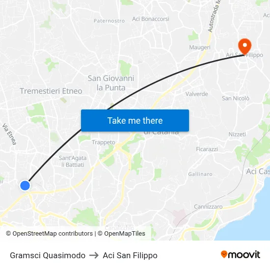 Gramsci Quasimodo to Aci San Filippo map