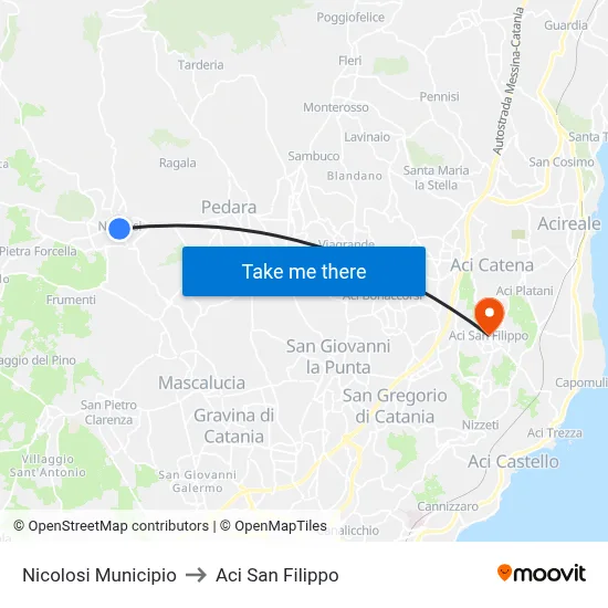 Nicolosi Municipio to Aci San Filippo map