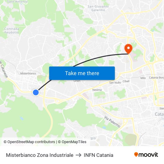 Misterbianco Zona Industriale to INFN Catania map