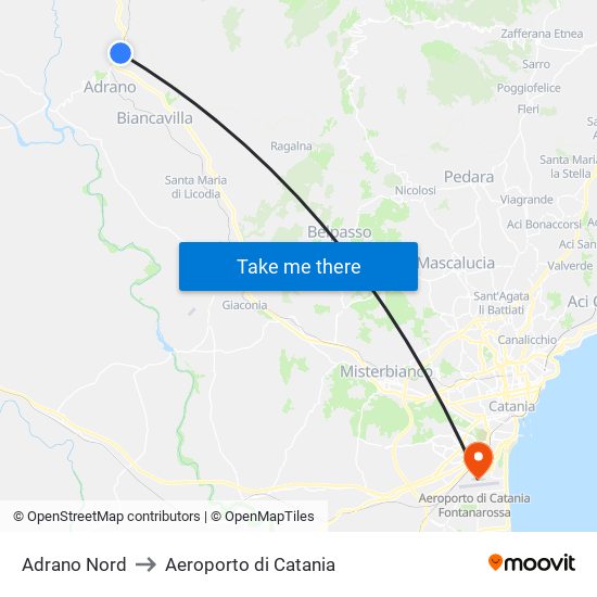 Adrano Nord to Aeroporto di Catania map