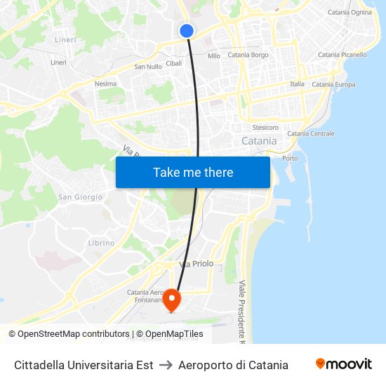 Cittadella Universitaria Est to Aeroporto di Catania map