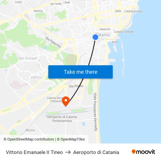 Vittorio Emanuele II Tineo to Aeroporto di Catania map