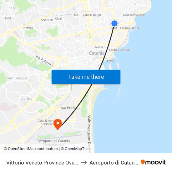 Vittorio Veneto Province Ovest to Aeroporto di Catania map