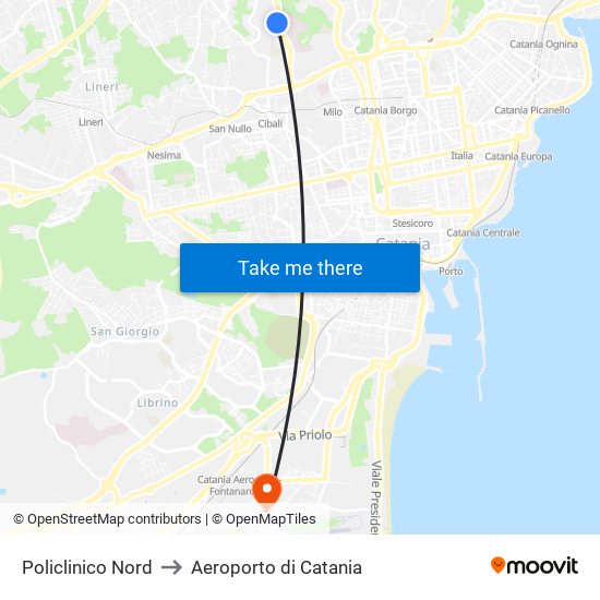 Policlinico Nord to Aeroporto di Catania map