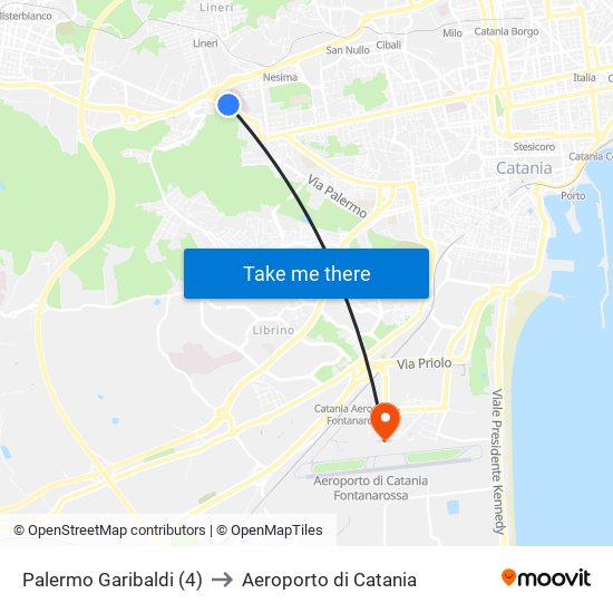 Palermo Garibaldi (4) to Aeroporto di Catania map