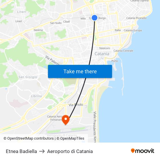 Etnea Badiella to Aeroporto di Catania map