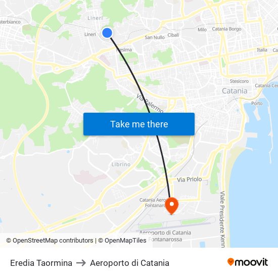 Eredia Taormina to Aeroporto di Catania map