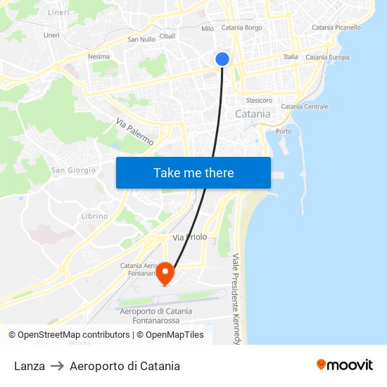 Lanza to Aeroporto di Catania map