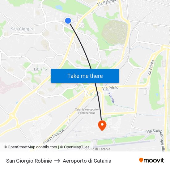 San Giorgio Robinie to Aeroporto di Catania map