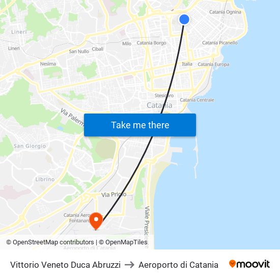 Vittorio Veneto Duca Abruzzi to Aeroporto di Catania map