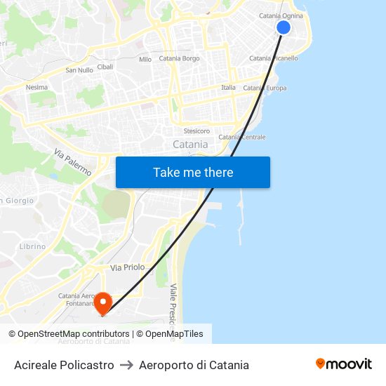 Acireale Policastro to Aeroporto di Catania map