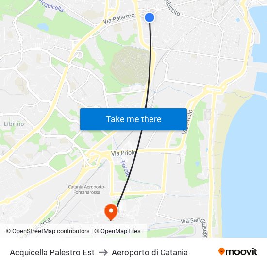 Acquicella Palestro Est to Aeroporto di Catania map