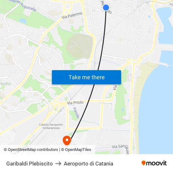 Garibaldi Plebiscito to Aeroporto di Catania map