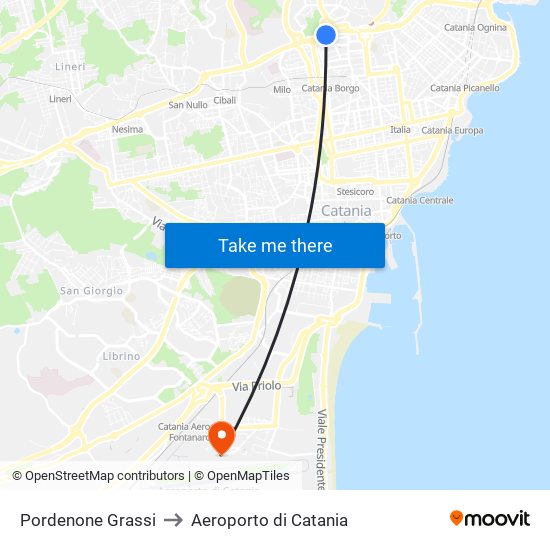 Pordenone Grassi to Aeroporto di Catania map