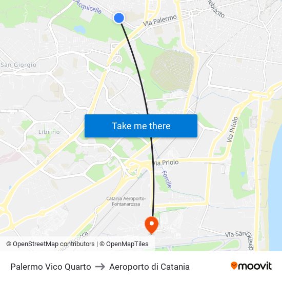 Palermo Vico Quarto to Aeroporto di Catania map