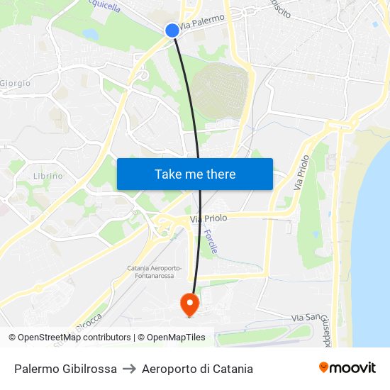 Palermo Gibilrossa to Aeroporto di Catania map