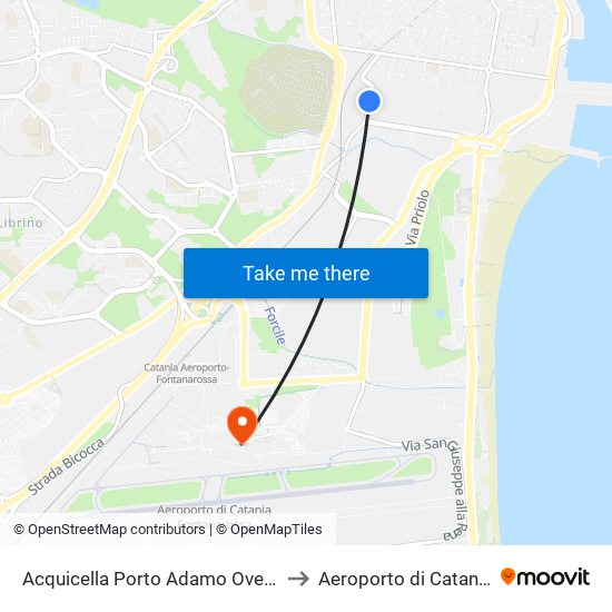 Acquicella Porto Adamo Ovest to Aeroporto di Catania map