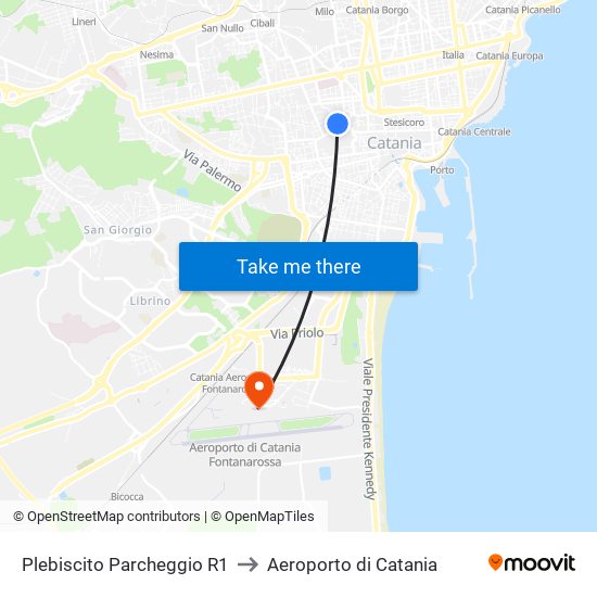 Plebiscito Parcheggio R1 to Aeroporto di Catania map