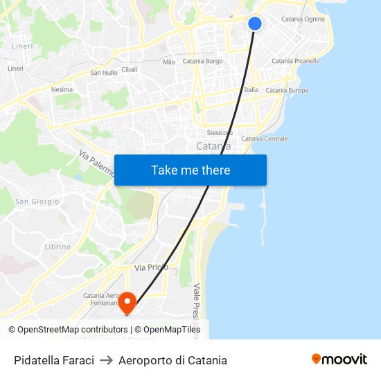 Pidatella Faraci to Aeroporto di Catania map