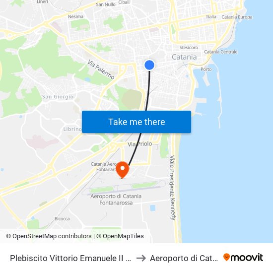 Plebiscito Vittorio Emanuele II Ovest to Aeroporto di Catania map