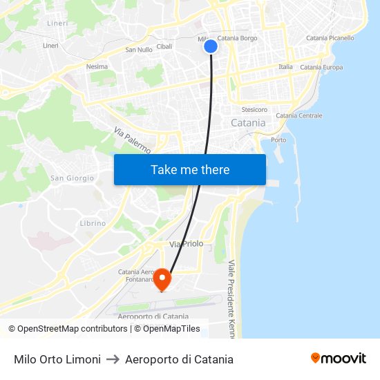 Milo Orto Limoni to Aeroporto di Catania map