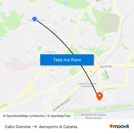 Calici Gemme to Aeroporto di Catania map