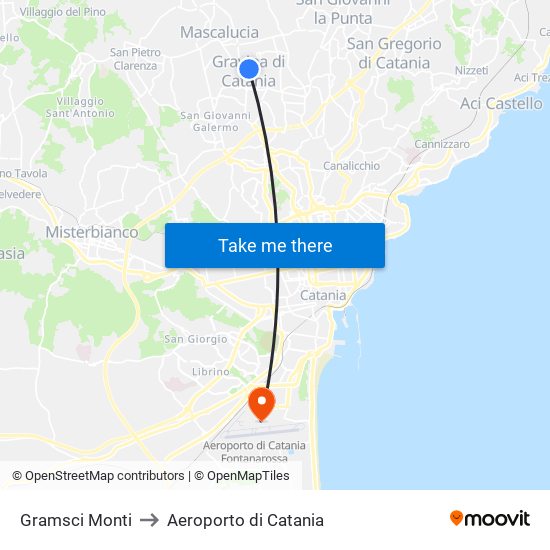 Gramsci Monti to Aeroporto di Catania map