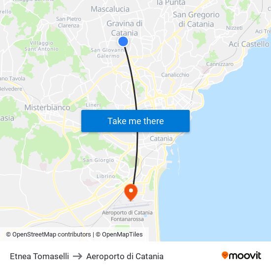Etnea Tomaselli to Aeroporto di Catania map