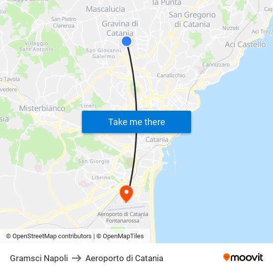 Gramsci Napoli to Aeroporto di Catania map