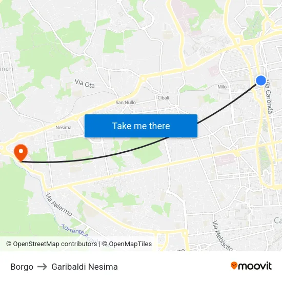 Borgo to Garibaldi Nesima map