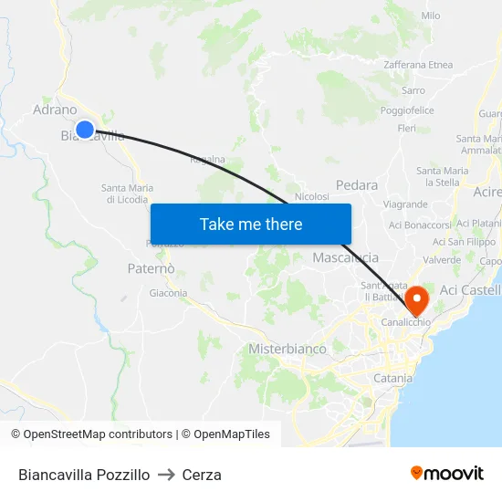 Biancavilla Pozzillo to Cerza map