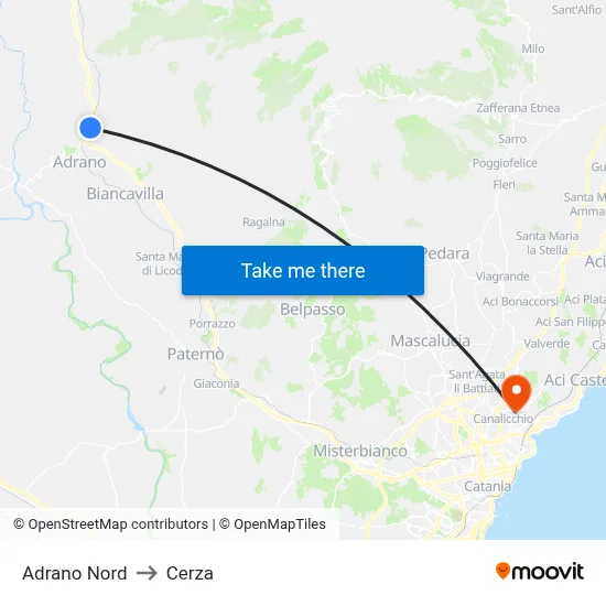 Adrano Nord to Cerza map