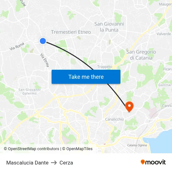 Mascalucia Dante to Cerza map