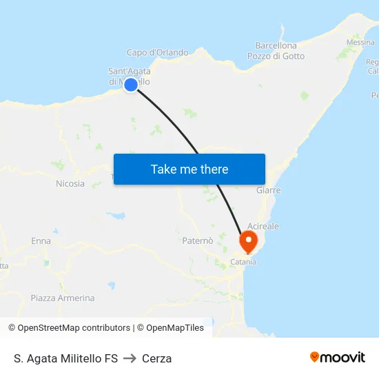 S. Agata Militello FS to Cerza map