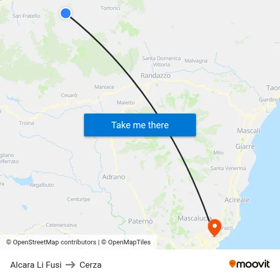 Alcara Li Fusi to Cerza map