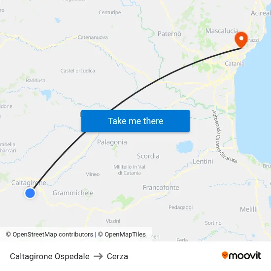 Caltagirone Ospedale to Cerza map